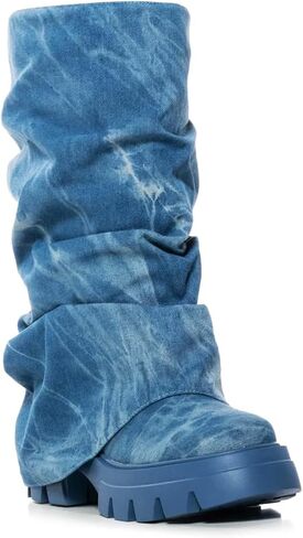 RKQ Women's Platform fold over wide calf Boots Fashion Round Toe Chunky Heel Pull On Slouchy Party Mid Calf Shark Boots For Gril in Saudi Arabia