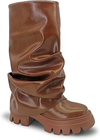RKQ Women's Platform fold over wide calf Boots Fashion Round Toe Chunky Heel Pull On Slouchy Party Mid Calf Shark Boots For Gril in Saudi Arabia