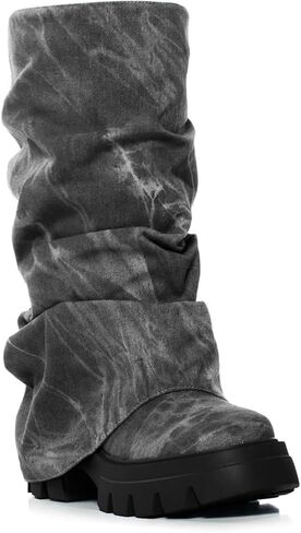 RKQ Women's Platform fold over wide calf Boots Fashion Round Toe Chunky Heel Pull On Slouchy Party Mid Calf Shark Boots For Gril in Saudi Arabia