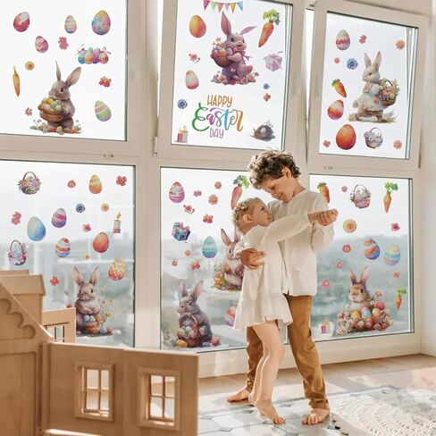 ملصقات نافذة عيد الفصح أرنب الجزرة مزدوجة الجانب الزجاج الشارات 80 قطعة عيد الفصح سعيد المنزل مكتب مدرسة متجر عرض زخارف الحفلات in Kuwait