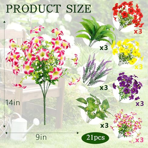 HOHOTIME 21 حزمة من الزهور الاصطناعية في الهواء الطلق، لا تتلاشى الزهور البلاستيكية المزيفة والنباتات الصناعية، مجد الصباح الأوكالبتوس لتعليق المزارعون حديقة الشرفة نافذة صندوق المنزل مزرعة الزفاف in Kuwait