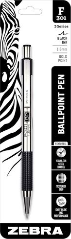 Zebra Pen F-301 Retractable Ballpoint Pen, Stainless Steel Barrel, Bold Point, 1.6mm, Black Ink, 12-Pack in Saudi Arabia