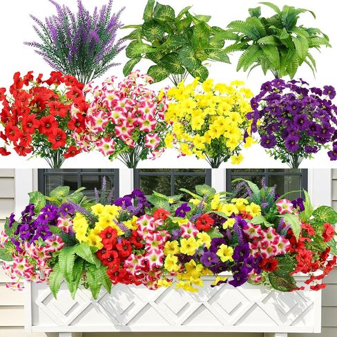 HOHOTIME 21 حزمة من الزهور الاصطناعية في الهواء الطلق، لا تتلاشى الزهور البلاستيكية المزيفة والنباتات الصناعية، مجد الصباح الأوكالبتوس لتعليق المزارعون حديقة الشرفة نافذة صندوق المنزل مزرعة الزفاف in Kuwait