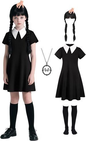 Girls Dress Costume Kids Black Dress with Socks Necklace Short Sleeve Casual Dress Halloween Costumes in Kuwait