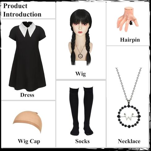 Girls Dress Costume Kids Black Dress with Socks Necklace Short Sleeve Casual Dress Halloween Costumes in Kuwait