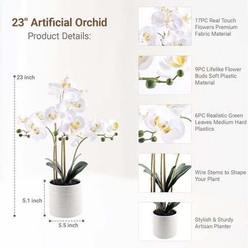 Artificial Orchid Flowers Fake Phalaenopsis Plant in Pot, 23" Tall Faux Orchids for Home Decor Indoor, Lifelike Silk Flowers for Centerpieces Office Arrangement-White in Saudi Arabia
