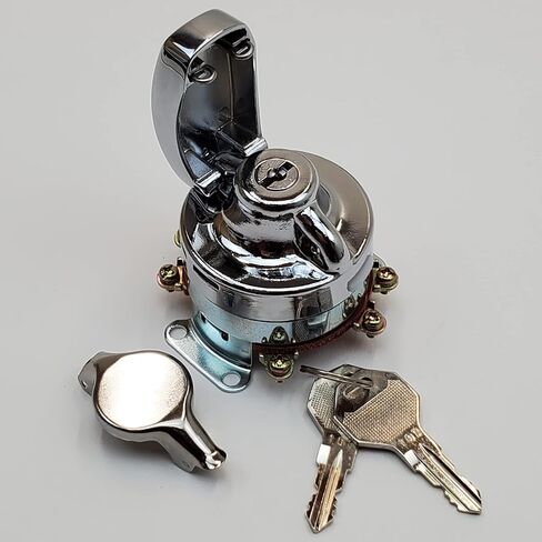 Chrome 6 Post Ignition Switch w/ 2 Switch Caps (Modern or Vintage Style) & 2 Keys for 1936-1995 Harley Big Twin w/Fat Bob base & Instrument Cover (except FLHR & FXDWG) Replaces HD# 75105-73T in Saudi Arabia