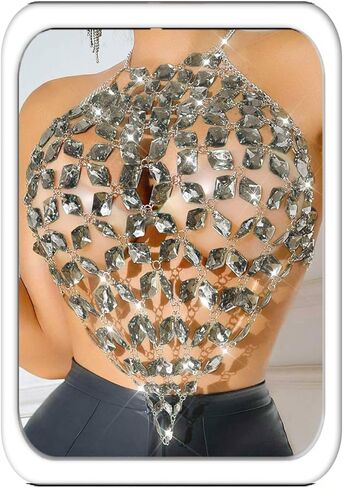Aukmla Crystal Bra Body Chain Top Silver Rhinestones Halter Crop Tops Beach Bikini Chest Chains Body Jewelry for Women in Kuwait