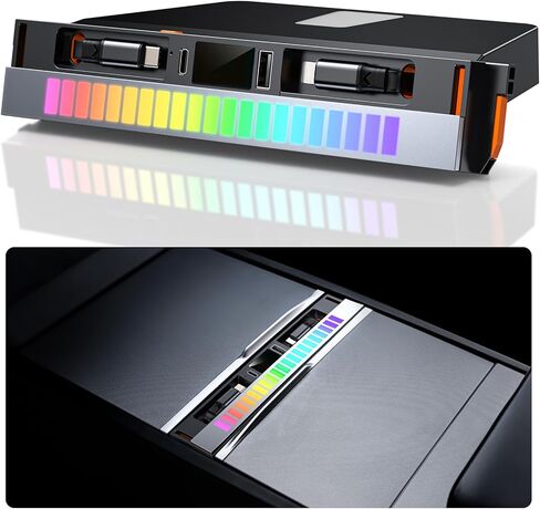 محور USB لـ Tesla Model Y Juniper 2025 2026 Model 3 Highland 2024 2025، 107W RGB محطة إرساء الإضاءة المحيطة مع غطاء منزلق كابل قابل للسحب متعدد المنافذ شاحن سريع مناسب لوحدة التحكم المركزية in Kuwait