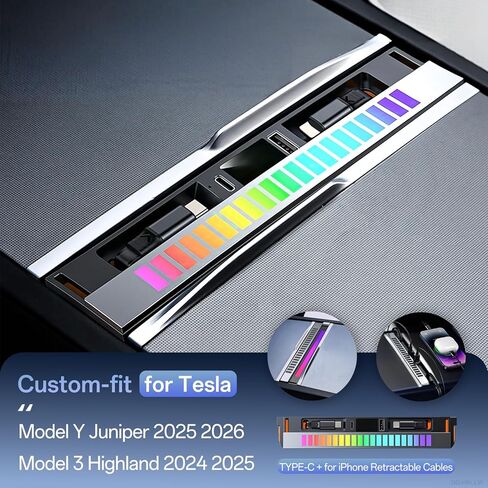 محور USB لـ Tesla Model Y Juniper 2025 2026 Model 3 Highland 2024 2025، 107W RGB محطة إرساء الإضاءة المحيطة مع غطاء منزلق كابل قابل للسحب متعدد المنافذ شاحن سريع مناسب لوحدة التحكم المركزية in Kuwait