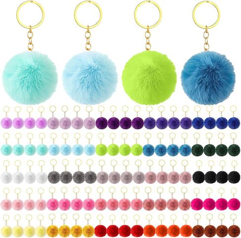 100 Pcs Colorful Pom Poms Keychain Bulk Pompoms Keychains Fuzzy Ball Keyring Thank You Gifts for Women Girls DIY (2.4 Inch) in Kuwait