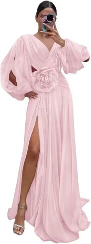 Chiffon Bridesmaid Dresses Long Sleeves Formal Dress 3D Floral V Neck Pleated Evening Gowns with Split in Saudi Arabia