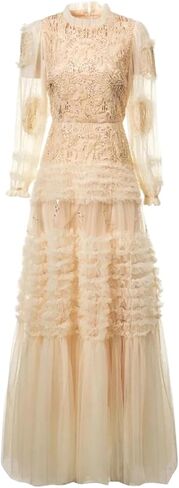 Sequin Lace Maxi Dress Women Long Sleeved High Neck Ruffle Tiered Tulle Formal Prom Party in Saudi Arabia