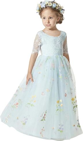 2Bunnies Girl Floral Lace Embroidered Tulle A-Line Full-Length Garden Flower Girl Dress in Kuwait