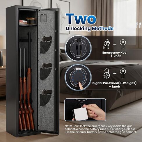 7-8 مسدس آمن، آمن للبندقية، آمن للبنادق والمسدسات، خزانة أسلحة للبنادق الطويلة والبنادق مع أمان سريع مزدوج الوصول، رف تخزين قابل للإزالة، ضوء LED، تنبيه آمن وحماية معززة in Kuwait