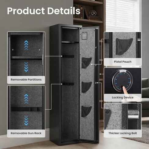 7-8 مسدس آمن، آمن للبندقية، آمن للبنادق والمسدسات، خزانة أسلحة للبنادق الطويلة والبنادق مع أمان سريع مزدوج الوصول، رف تخزين قابل للإزالة، ضوء LED، تنبيه آمن وحماية معززة in Kuwait