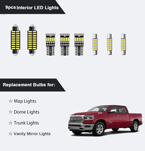 9 قطعة RAM 1500 الداخلية LED مجموعة إضاءة مصباح LED فائق السطوع خريطة قبة البضائع مصابيح كهربائية ل 2019 2020 2021 2022 دودج رام 1500 جميع الموديلات in Saudi Arabia