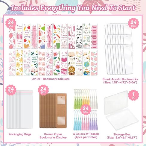 24 Pcs Acrylic Bookmark Blanks Custom with 24 Pcs Cute Waterproof UV DTF Transfer Sticker, 24Pcs Tassels, Bookmark Making Kit Clear DIY Bookmarks, Back to School Gifts for Teacher Student in Kuwait