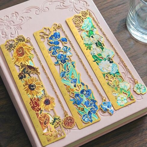 3 Pieces Metal Bookmarks Come with a Pendant and Centimeter Ruler, Golden Hollow Bookmark, Oil Painting Style Floral Theme Bookmarks, Learning and Office Supplies in Saudi Arabia