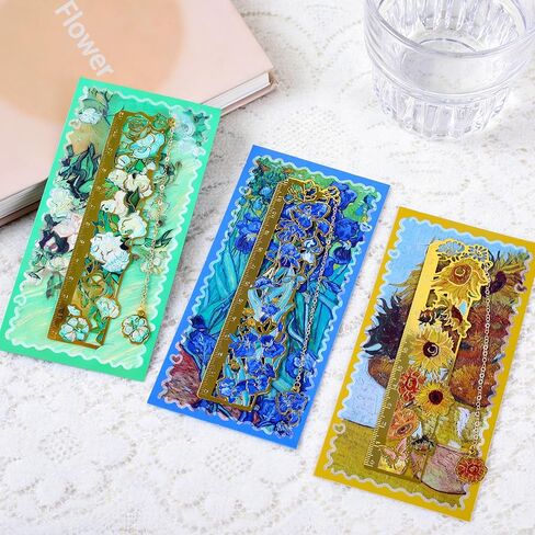 3 Pieces Metal Bookmarks Come with a Pendant and Centimeter Ruler, Golden Hollow Bookmark, Oil Painting Style Floral Theme Bookmarks, Learning and Office Supplies in Saudi Arabia