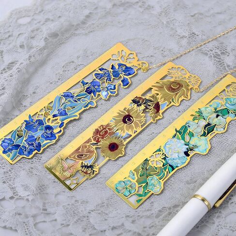 3 Pieces Metal Bookmarks Come with a Pendant and Centimeter Ruler, Golden Hollow Bookmark, Oil Painting Style Floral Theme Bookmarks, Learning and Office Supplies in Saudi Arabia
