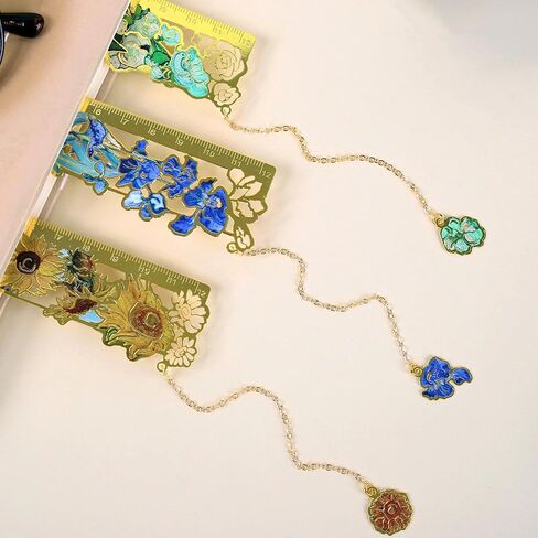 3 Pieces Metal Bookmarks Come with a Pendant and Centimeter Ruler, Golden Hollow Bookmark, Oil Painting Style Floral Theme Bookmarks, Learning and Office Supplies in Saudi Arabia