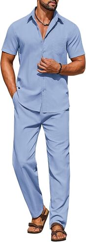 COOFANDY Men's Linen Sets 2 Piece Outfits Casual Short Sleeve Button Down Shirts and Pants Summer Beach Vacation Outfits in Saudi Arabia