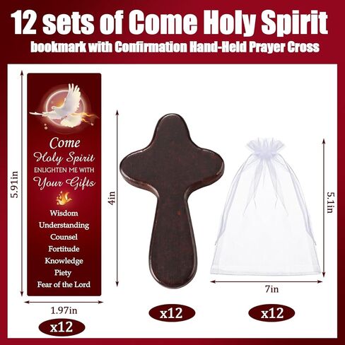 Supervitae 24 Pcs/12 Sets Confirmation Bookmark Hand Held Prayer Wooden Cross Gift Bulk Include 12 Come Holy Spirit Christian Bookmarks 12 Hand Held Prayer Wood Cross for Church Religious Gift in Kuwait