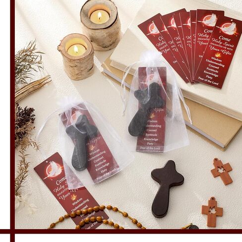 Supervitae 24 Pcs/12 Sets Confirmation Bookmark Hand Held Prayer Wooden Cross Gift Bulk Include 12 Come Holy Spirit Christian Bookmarks 12 Hand Held Prayer Wood Cross for Church Religious Gift in Kuwait
