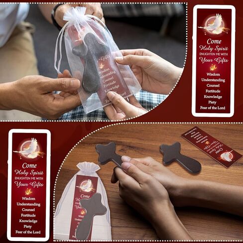 Supervitae 24 Pcs/12 Sets Confirmation Bookmark Hand Held Prayer Wooden Cross Gift Bulk Include 12 Come Holy Spirit Christian Bookmarks 12 Hand Held Prayer Wood Cross for Church Religious Gift in Kuwait