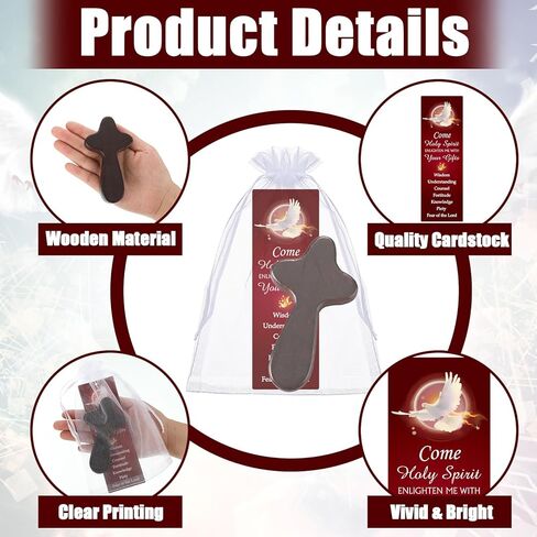 Supervitae 24 Pcs/12 Sets Confirmation Bookmark Hand Held Prayer Wooden Cross Gift Bulk Include 12 Come Holy Spirit Christian Bookmarks 12 Hand Held Prayer Wood Cross for Church Religious Gift in Kuwait