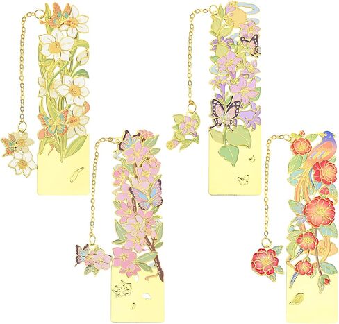 4 Pieces Metal Bookmarks with Chain, Butterfly Flower Theme Pretty Book Marks for Adults, Vintage-Inspired Set for Writers, Teens, Men and Women, Reading Accessories Gifts for Book Lovers (Style A) in Saudi Arabia