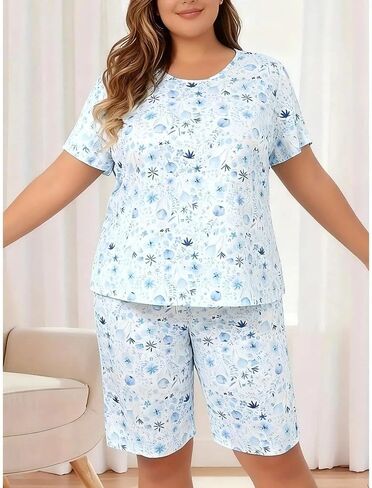 2 Piece Women Plus Size Lounge Set Short Sleeve Top and Knee Length Shorts Soft Relaxed Fit Home Sleepwear Summer Loungewear in Saudi Arabia