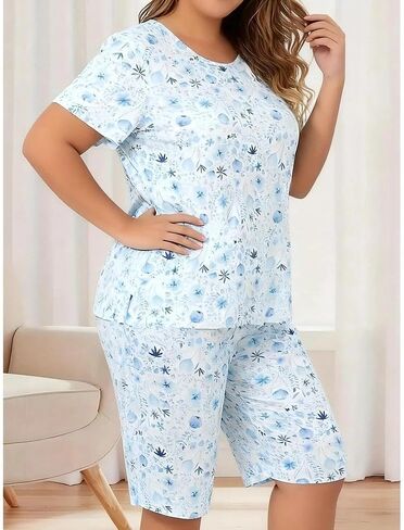 2 Piece Women Plus Size Lounge Set Short Sleeve Top and Knee Length Shorts Soft Relaxed Fit Home Sleepwear Summer Loungewear in Saudi Arabia