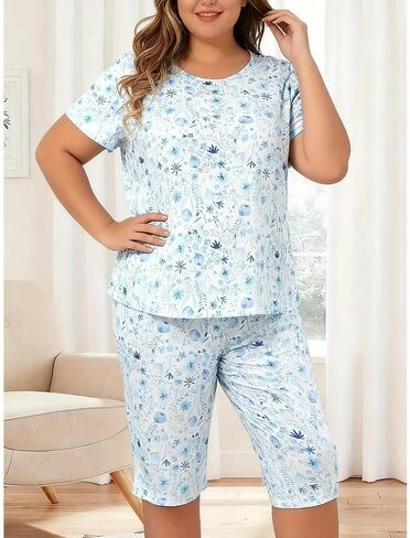 2 Piece Women Plus Size Lounge Set Short Sleeve Top and Knee Length Shorts Soft Relaxed Fit Home Sleepwear Summer Loungewear in Saudi Arabia
