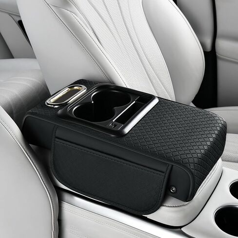 Car Armrest Box Mat - Multi-Functional Black Leather Center Console Cover Waterproof Height Enhancement Cushion with Storage Box Cup Tissue Phone Holder Card Pocket for Car Interior Accessory in Kuwait