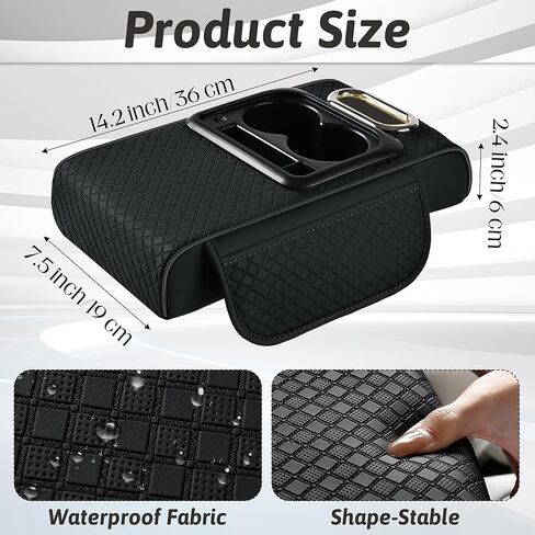 Car Armrest Box Mat - Multi-Functional Black Leather Center Console Cover Waterproof Height Enhancement Cushion with Storage Box Cup Tissue Phone Holder Card Pocket for Car Interior Accessory in Kuwait