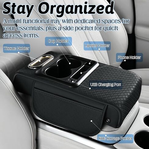 Car Armrest Box Mat - Multi-Functional Black Leather Center Console Cover Waterproof Height Enhancement Cushion with Storage Box Cup Tissue Phone Holder Card Pocket for Car Interior Accessory in Kuwait
