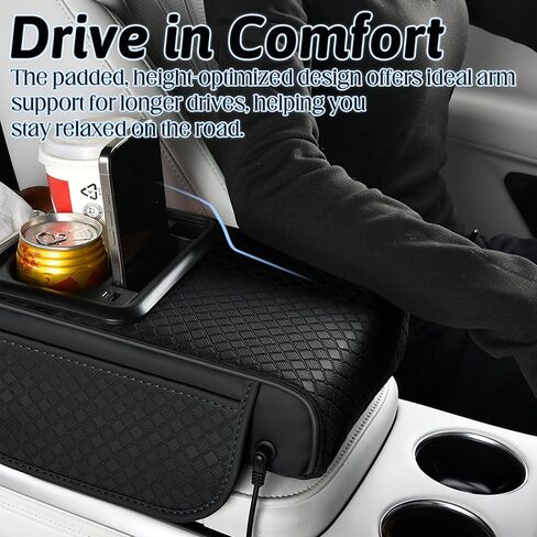 Car Armrest Box Mat - Multi-Functional Black Leather Center Console Cover Waterproof Height Enhancement Cushion with Storage Box Cup Tissue Phone Holder Card Pocket for Car Interior Accessory in Kuwait