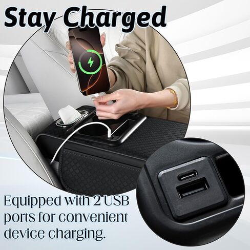 Car Armrest Box Mat - Multi-Functional Black Leather Center Console Cover Waterproof Height Enhancement Cushion with Storage Box Cup Tissue Phone Holder Card Pocket for Car Interior Accessory in Kuwait