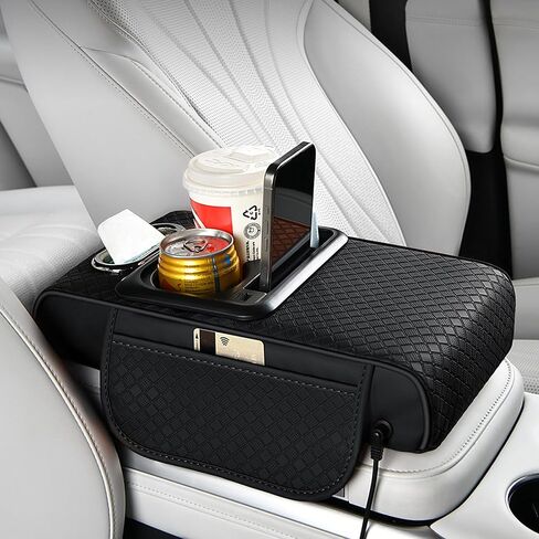 Car Armrest Box Mat - Multi-Functional Black Leather Center Console Cover Waterproof Height Enhancement Cushion with Storage Box Cup Tissue Phone Holder Card Pocket for Car Interior Accessory in Kuwait