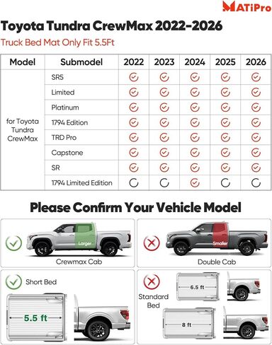 بطانة أرضية للشاحنة بطول 5.5 قدم لسيارة Toyota Tundra Crew Max Cab 2022 2023 2024 2025 2026: TPE مجموعة كاملة من السجاد سطح غير قابل للانزلاق سهل التركيب وملحقات السيارات شديدة التحمل (ليست للكابينة المزدوجة) in Kuwait