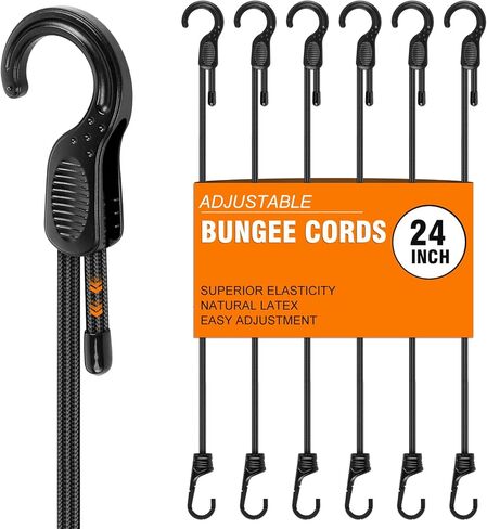 حبال بنجي قابلة للتعديل مع خطافات 24 بوصة، 6 قطع من أشرطة بنجي مرنة يمكن ضبطها بسهولة من 7 بوصة إلى 24 بوصة، حبال بنجي شديدة التحمل في الهواء الطلق لتأمين الأقمشة والخيام والأمتعة والبضائع والشاحنات والدراجات in Kuwait