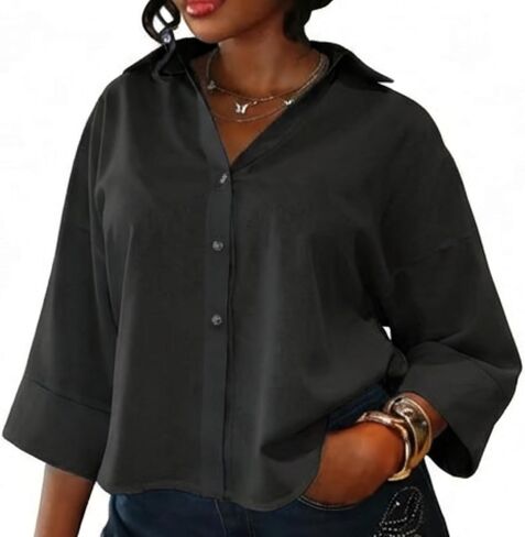 قمصان كبيرة الحجم بأزرار سفلية بأكمام 3/4، قمصان نسائية فضفاضة برقبة على شكل V، بلوزة قطنية كاجوال أنيقة للأعمال in Kuwait