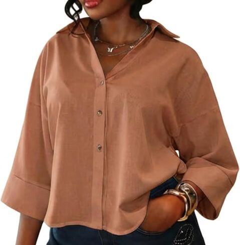 Oversized Button Down Shirts 3/4 Sleeve Loose Womens Tops V Neck Cotton Blouse Casual Dressy Business in Saudi Arabia