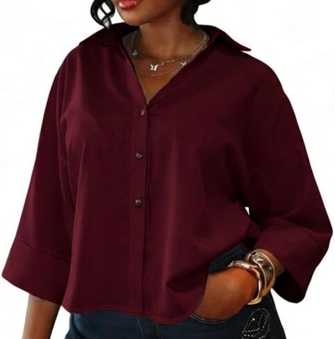 Oversized Button Down Shirts 3/4 Sleeve Loose Womens Tops V Neck Cotton Blouse Casual Dressy Business in Saudi Arabia