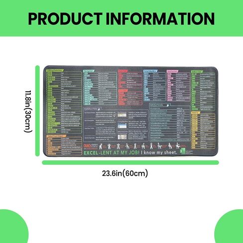 Shortcut Keys Mouse Pad for Excel- Sheet Gaming Mousepad | Office Spreadsheet Keyboard Mat | Non-Slip Stitched Edge, 23.6" x 11.8", English in Saudi Arabia