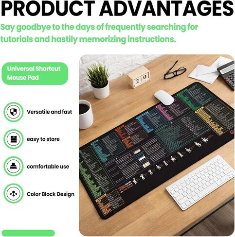 Shortcut Keys Mouse Pad for Excel- Sheet Gaming Mousepad | Office Spreadsheet Keyboard Mat | Non-Slip Stitched Edge, 23.6" x 11.8", English in Saudi Arabia