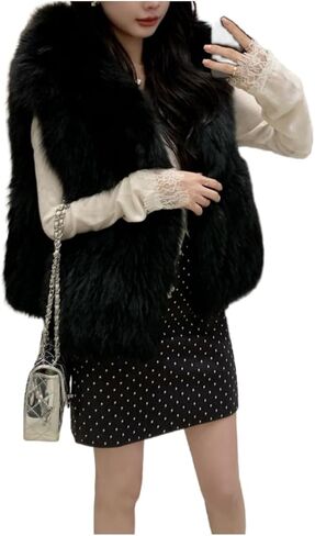 Women's Faux Fur Vest Long Coat Sleeveless Jacket Girls Winter Fluffy Warm Outwear Plush Overcoat with Pockets in Kuwait