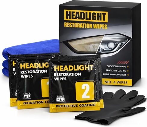 Headlight Restoration Kit, 2-Step Headlight Cleaner & Protective Coating Wipes, Removes Oxidation & Restores Clarity, Long-Lasting UV Protection, Headlight Polish No Power Tools Required (1 Set) in Kuwait